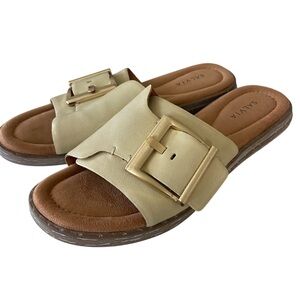Salvia Effie Camel Gold Buckle Slides Sandals Full Grain Sheep Leather 39